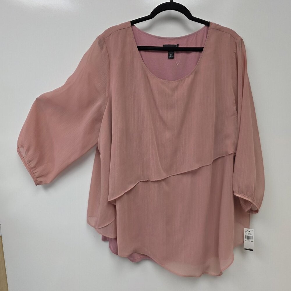 Alyx Shirt Womens 3X Pink Chiffon Layered 3/4 Sleeve Scoop Neck Tunic Top